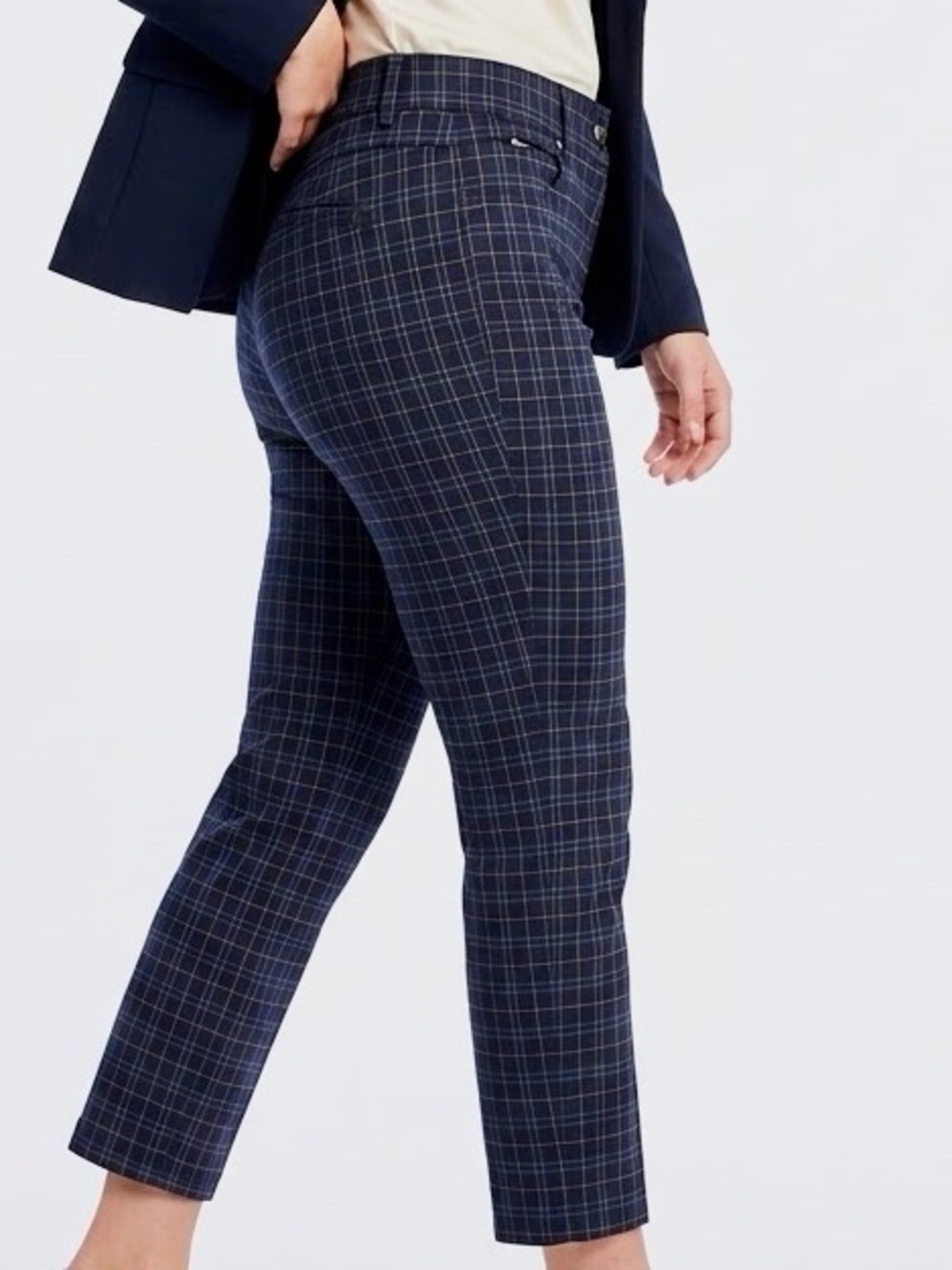 VERVE BLUES Stretchy Navy Blue & Green Plaid Cropped Ankle Pants — LHP